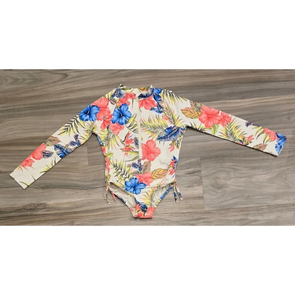 Wonder Nation Floral Rashguard One-Piece Swimsuit Size 6 Long Sleeve Zip Front